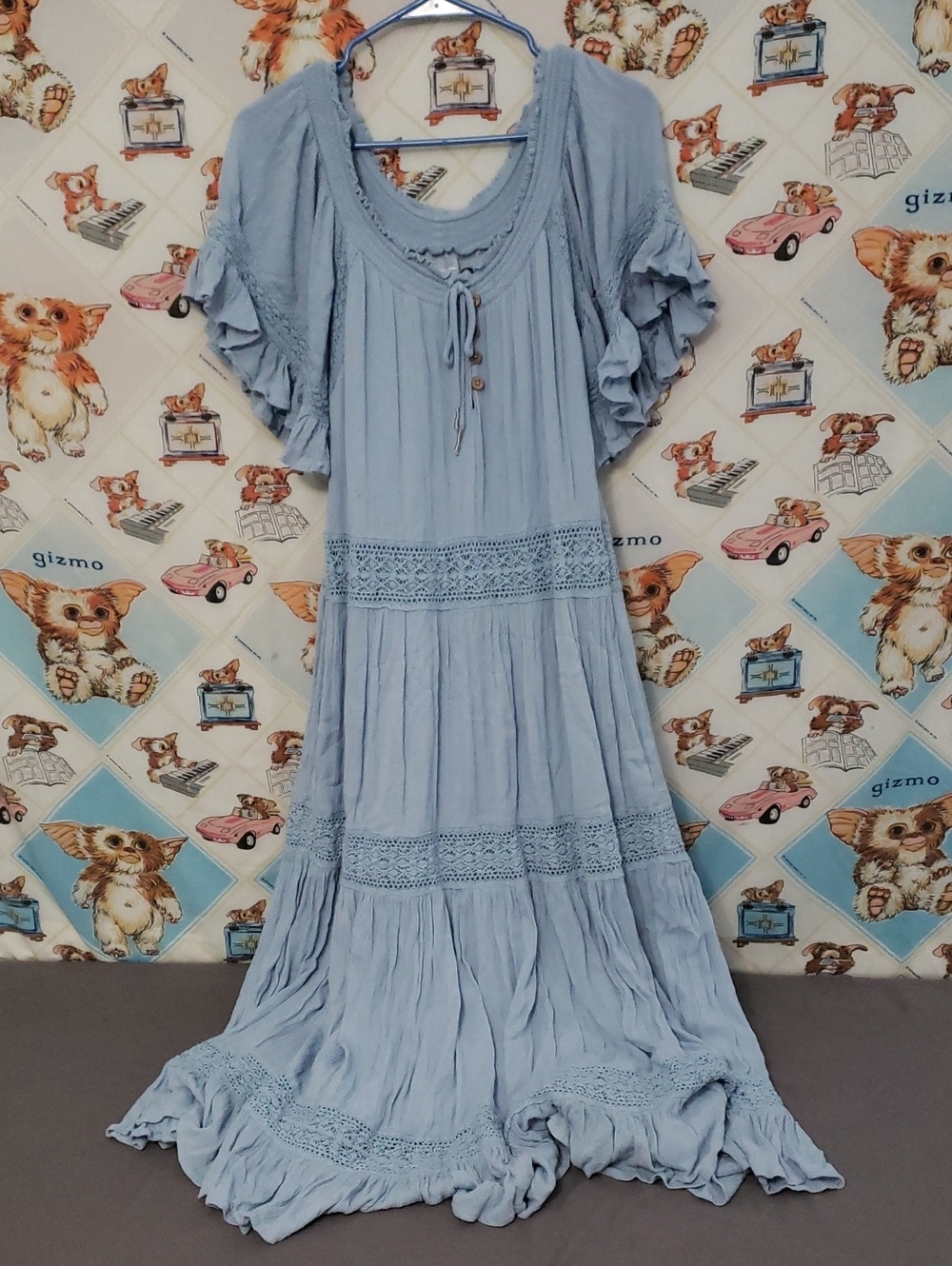 Citrus Light Blue Boho Maxi Ranch Dress with Lace Trim Size Small